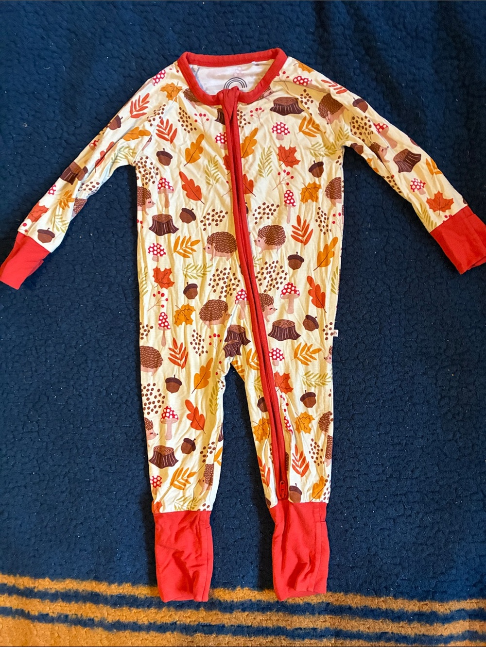 Emerson and friends Autumn Forest Print Kids One-Piece Footie in Cream and Red